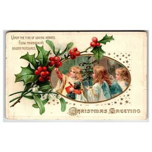 Vintage 1911 Christmas Greeting Postcard with Angels & Holly Berries